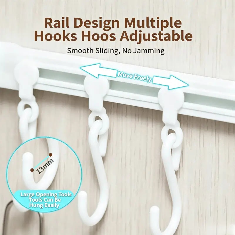 No-Drill Sliding Rail Hook Organizer – 10 Adjustable Cabinet Hooks