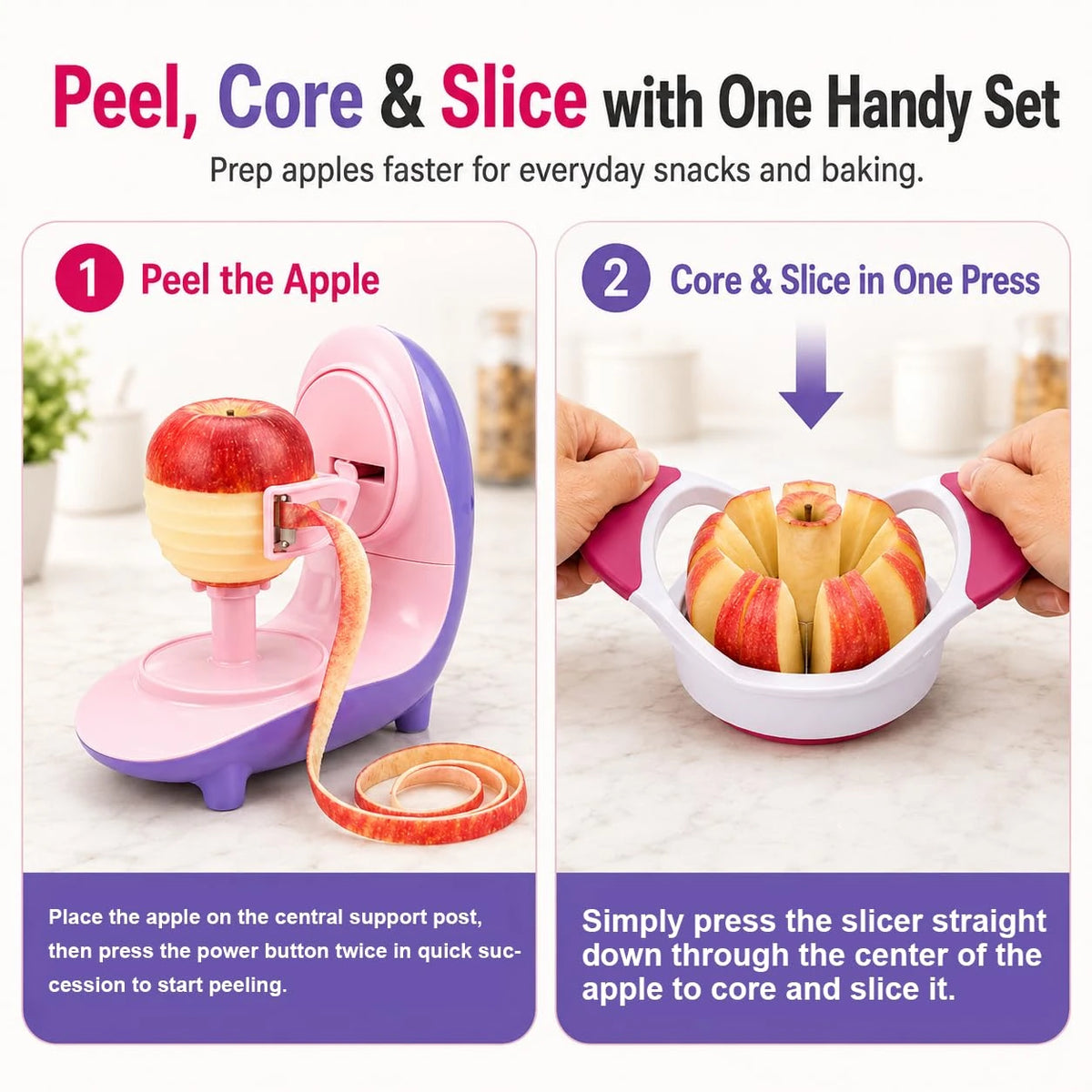 Electric Apple Peeler, USB-C Rechargeable One-Touch Peeling Tool with Slicer & Corer for Firm Fruits