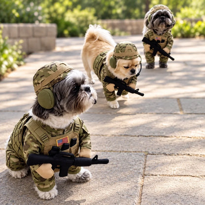 🐶 Doggy Soldier Costume Set – 🪖 Tactical Dog Outfit with Helmet & Toy Rifle