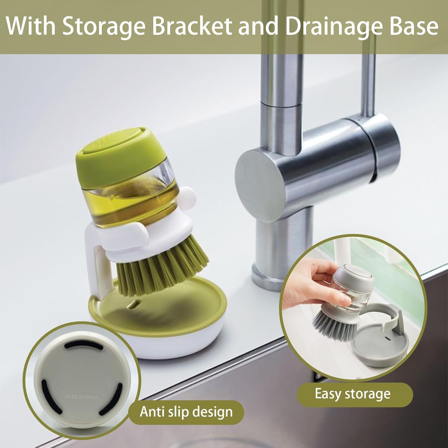 🧼 Soap Dispensing Palm Brush – Refillable Dish Scrubber With Drainage Stand