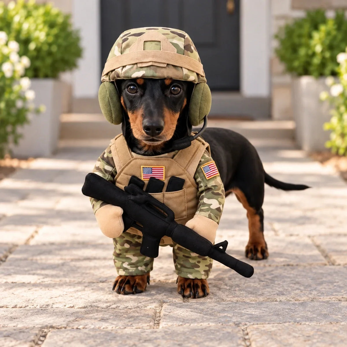 🐶 Doggy Soldier Costume Set – 🪖 Tactical Dog Outfit with Helmet & Toy Rifle
