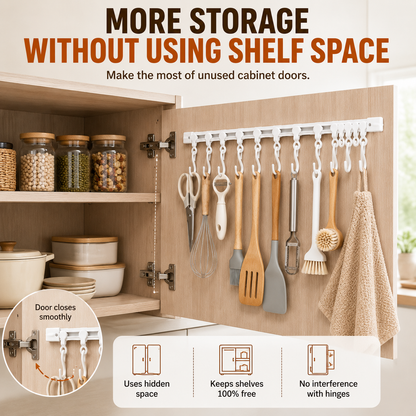 No-Drill Sliding Rail Hook Organizer – 10 Adjustable Cabinet Hooks
