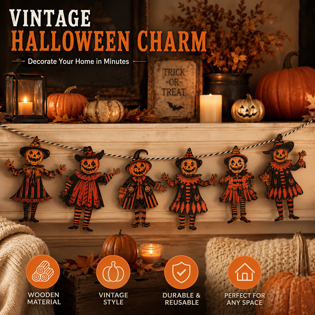 🎃 6 Piece Vintage Wooden Pumpkin Character Halloween Garland Banner Cutouts