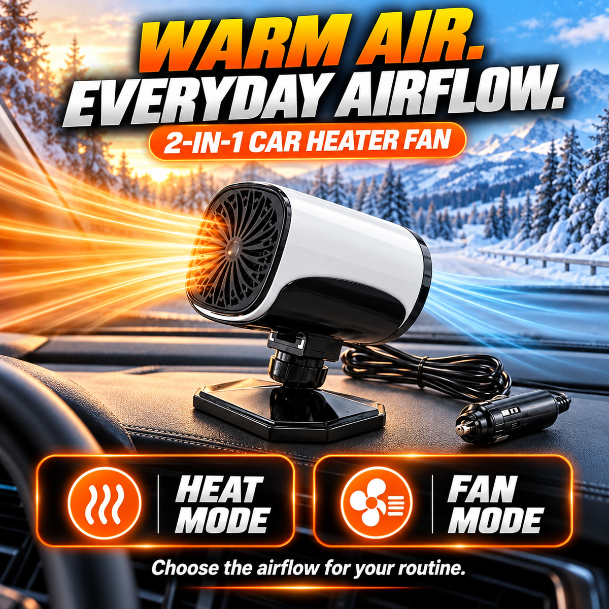 Portable Car Heater Defroster with 360-Degree Rotating Base