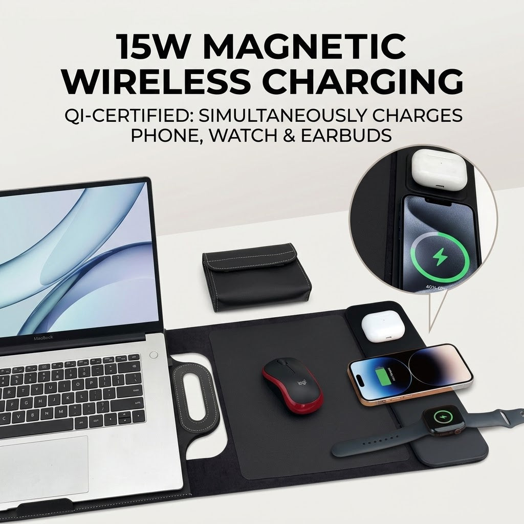 All-In-One Laptop Sleeve | Built-in 15W Wireless Charger, Laptop Stand & Mousepad, Fits up to 16"