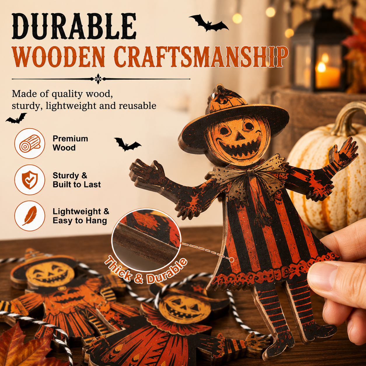 🎃 6 Piece Vintage Wooden Pumpkin Character Halloween Garland Banner Cutouts