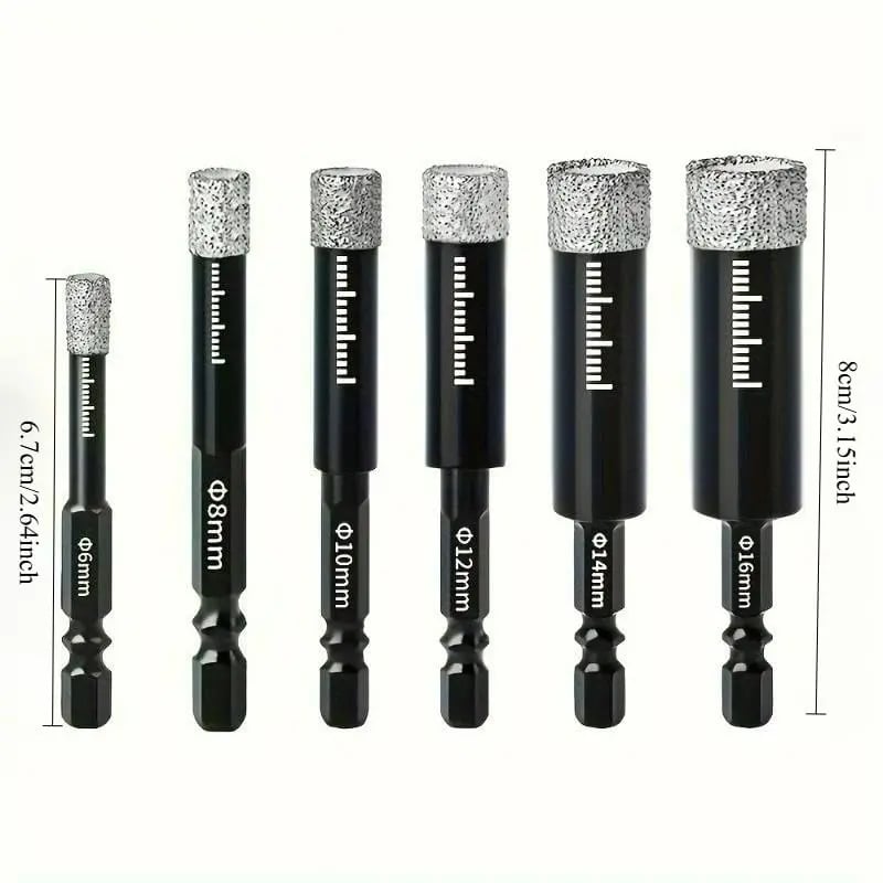 6Pcs Dry Diamond Drill Bit Set 🛠 Hex Shank Brazed Hole Saw for Tile, Glass & Granite