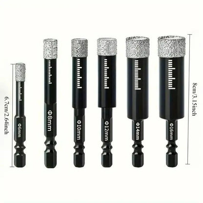 6Pcs Dry Diamond Drill Bit Set 🛠 Hex Shank Brazed Hole Saw for Tile, Glass & Granite