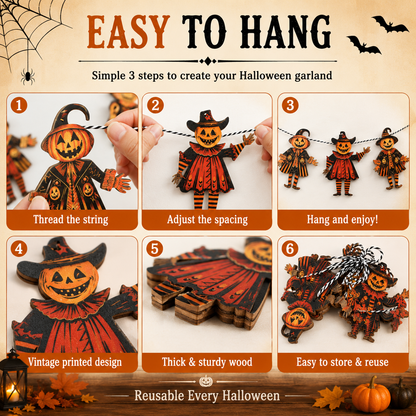 🎃 6 Piece Vintage Wooden Pumpkin Character Halloween Garland Banner Cutouts