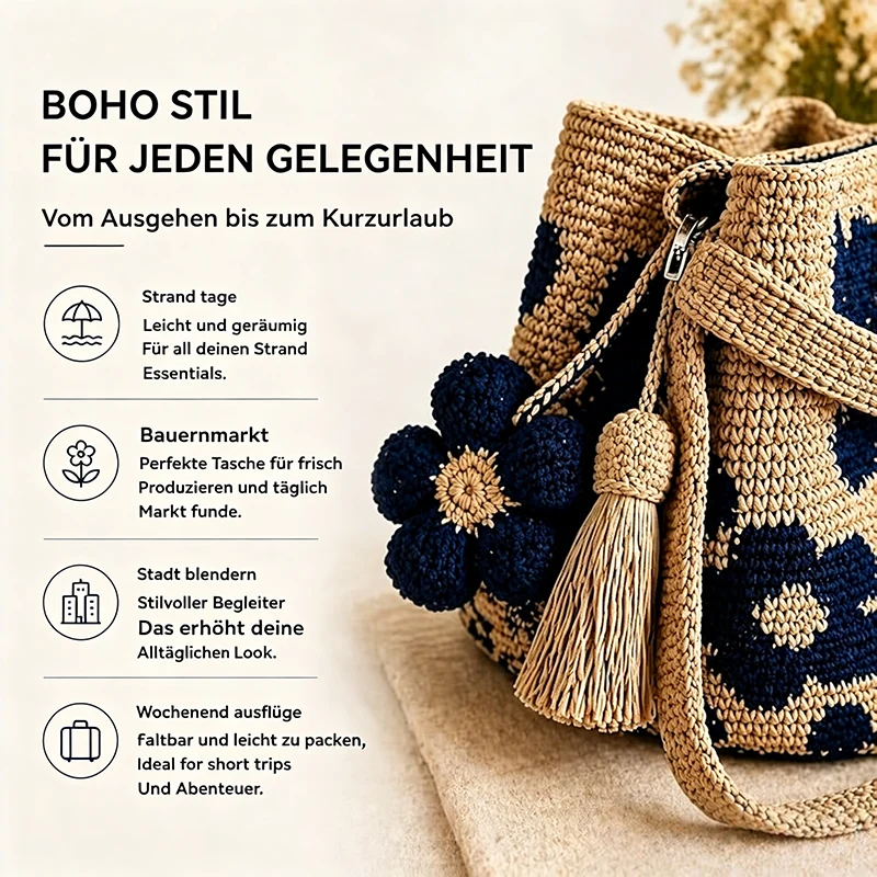 Handwoven Flower Bucket Bag, Boho Lightweight Crossbody Crochet Shoulder Bag👜
