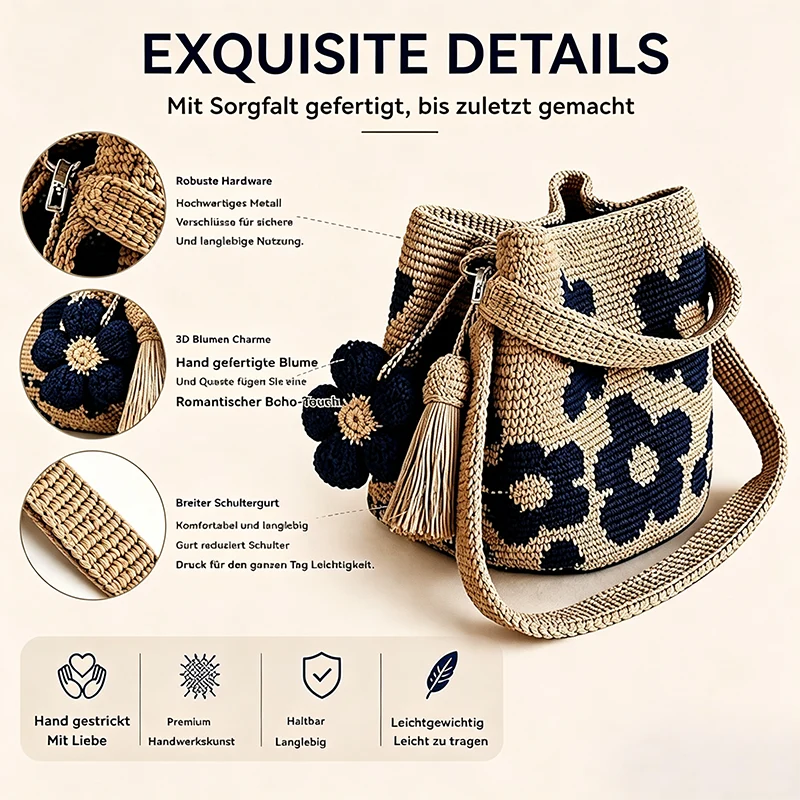Handwoven Flower Bucket Bag, Boho Lightweight Crossbody Crochet Shoulder Bag👜