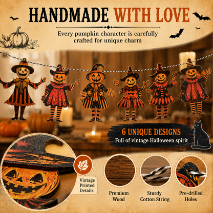 🎃 6 Piece Vintage Wooden Pumpkin Character Halloween Garland Banner Cutouts