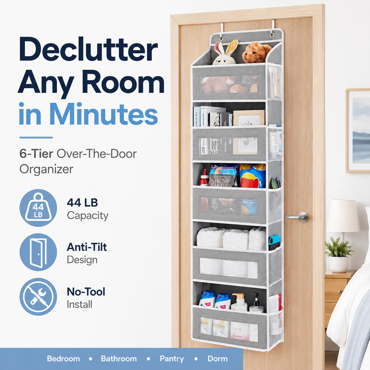 5-Tier Over Door Organizer – 5 Large Mesh Pockets, Anti-Tilt, 44 lb Capacity, Space Saver for Home