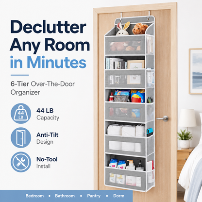 5-Tier Over Door Organizer – 5 Large Mesh Pockets, Anti-Tilt, 44 lb Capacity, Space Saver for Home
