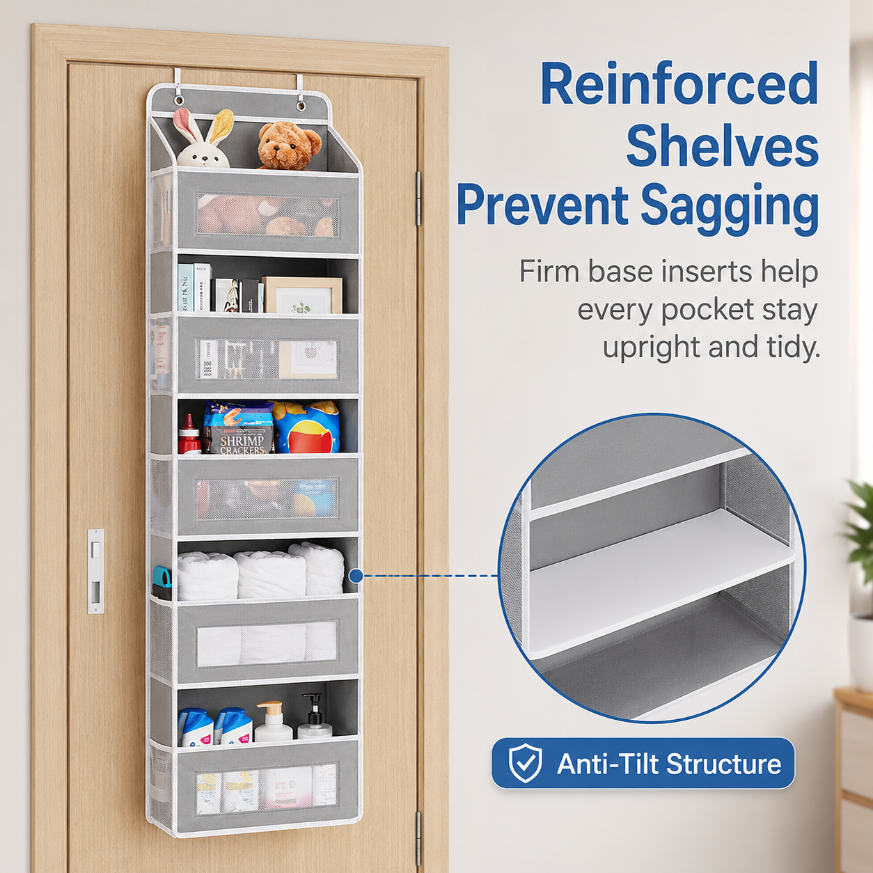 5-Tier Over Door Organizer – 5 Large Mesh Pockets, Anti-Tilt, 44 lb Capacity, Space Saver for Home
