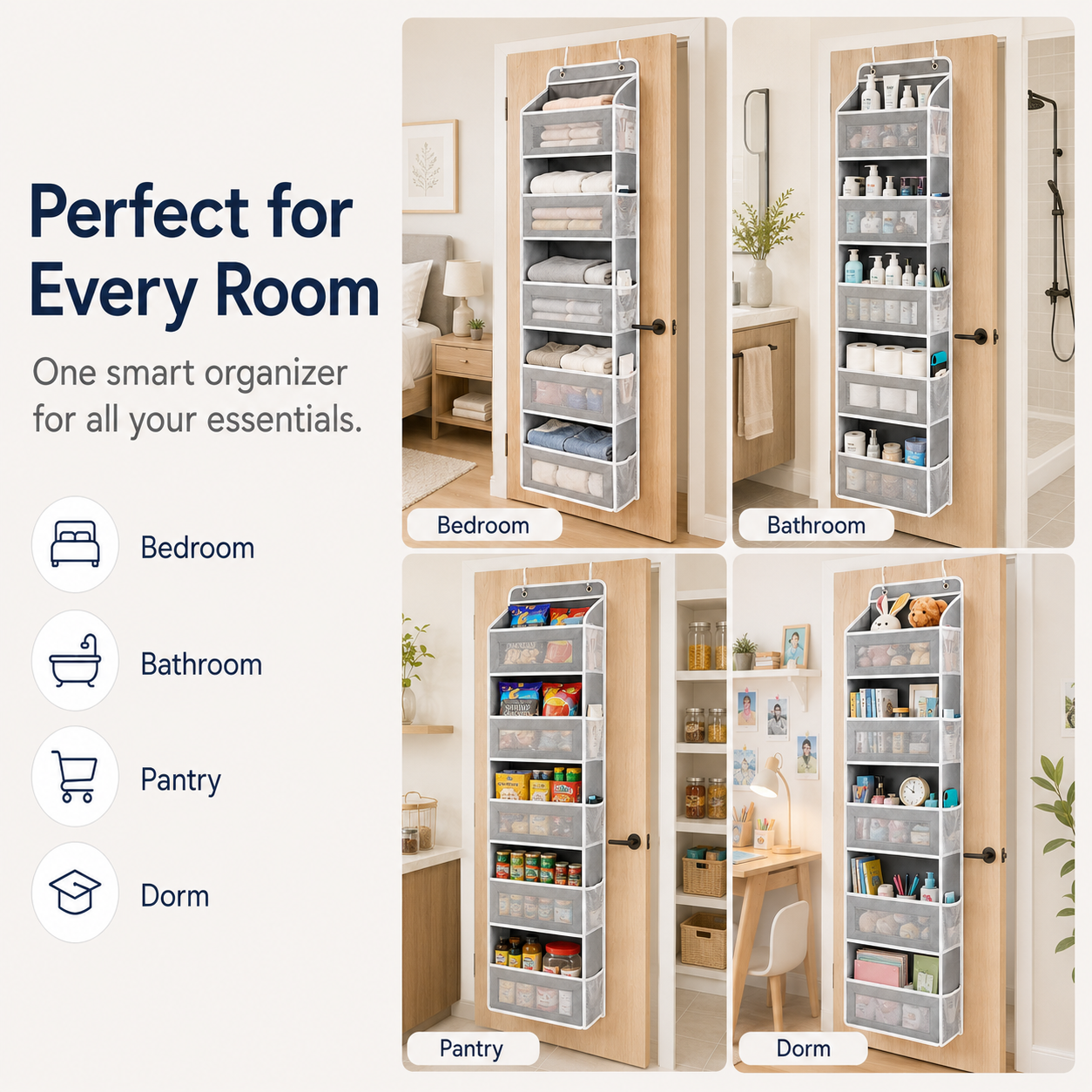 5-Tier Over Door Organizer – 5 Large Mesh Pockets, Anti-Tilt, 44 lb Capacity, Space Saver for Home