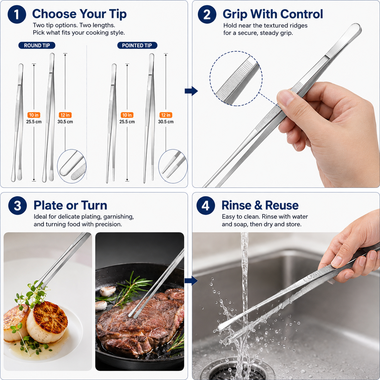 Fine Long Tweezer Tongs Professional Black Set,12'' and 10'' Stainless Steel