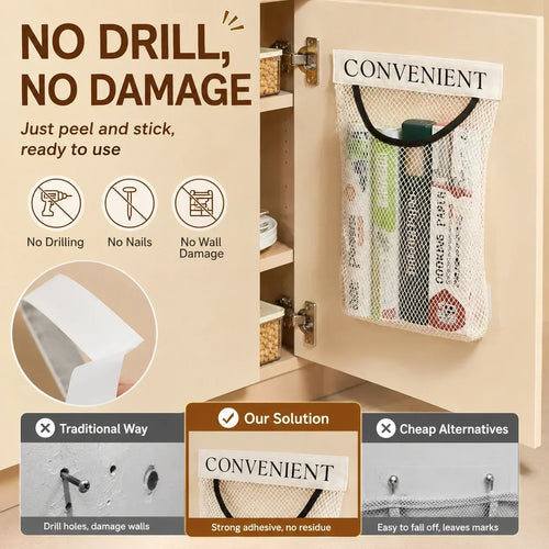 No-Drill Hanging Mesh Storage Bag | Adhesive Wall Organizer