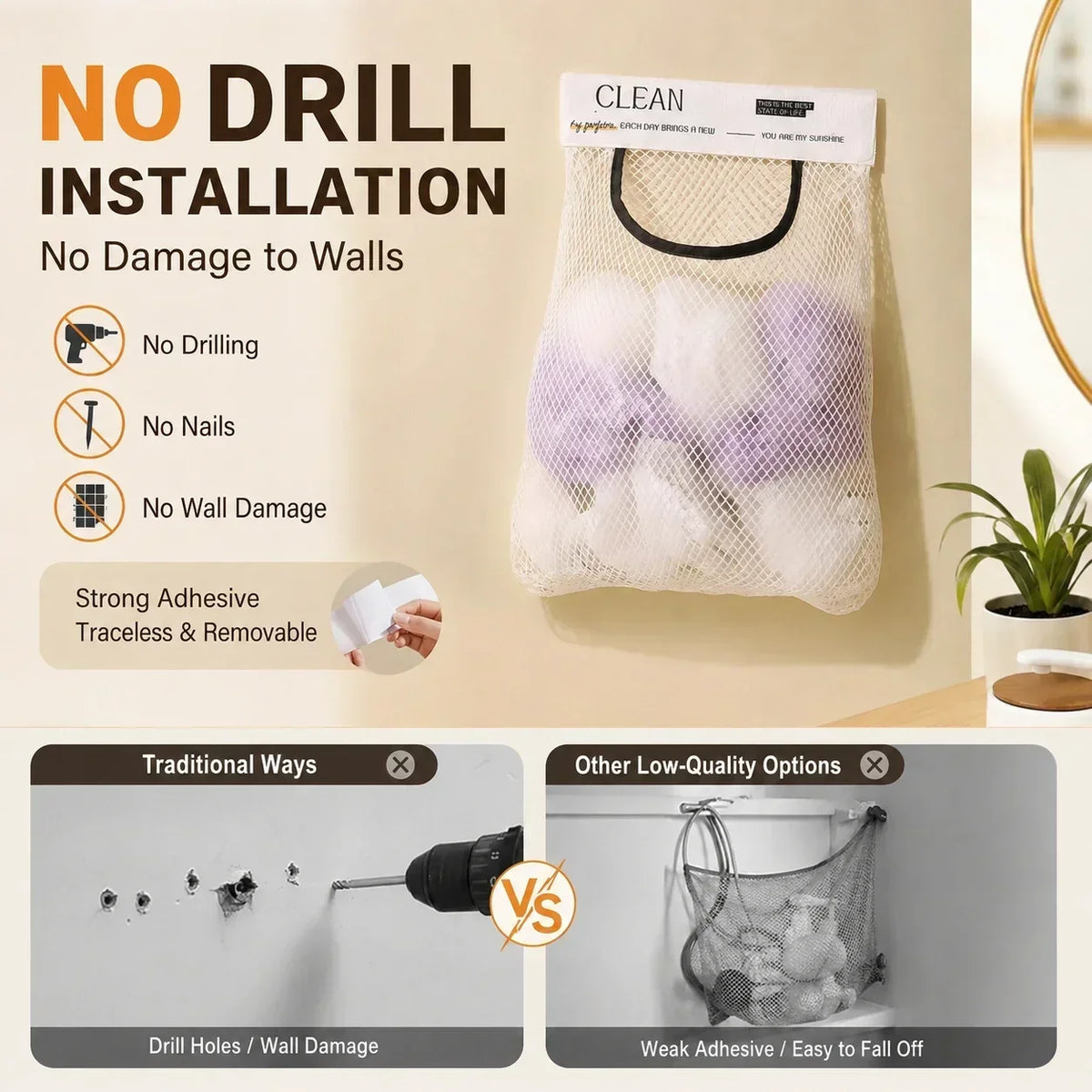 No-Drill Hanging Mesh Storage Bag | Adhesive Wall Organizer