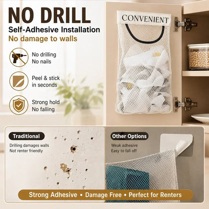 No-Drill Hanging Mesh Storage Bag | Adhesive Wall Organizer