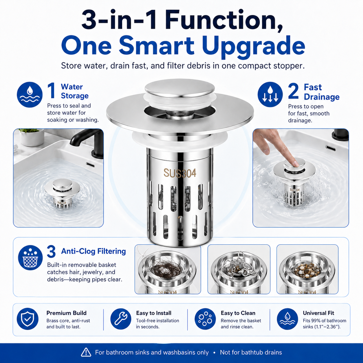The Ultimate 3-in-1 Pop-Up Sink Strainer