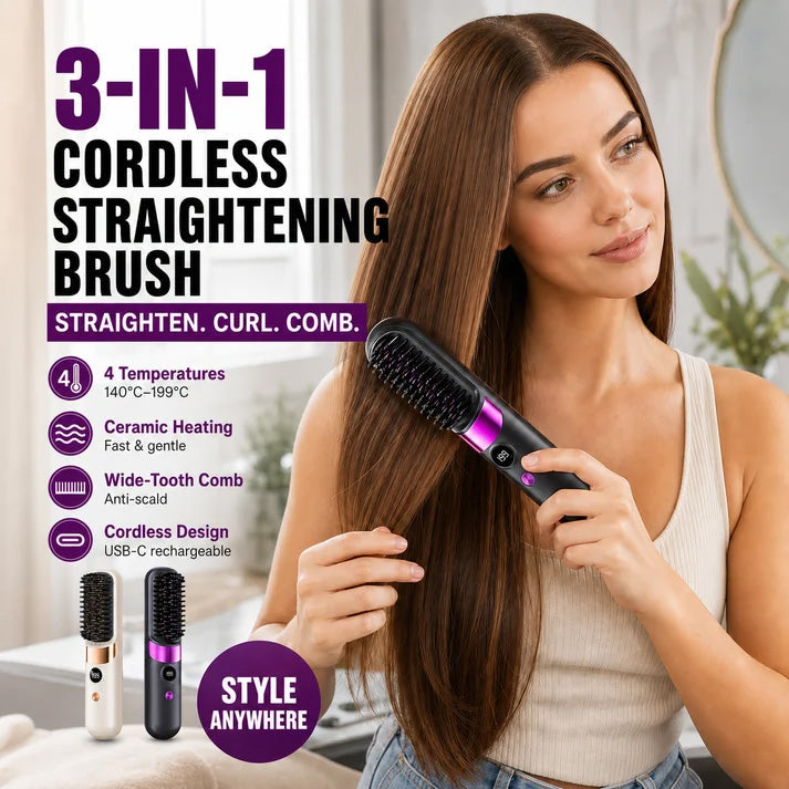 3‑in‑1 Cordless Hair Straightening Brush – Straighten, curl & detangle with 4 heat settings