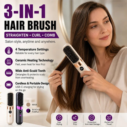3‑in‑1 Cordless Hair Straightening Brush – Straighten, curl & detangle with 4 heat settings