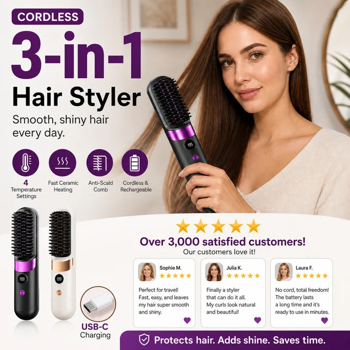 3‑in‑1 Cordless Hair Straightening Brush – Straighten, curl & detangle with 4 heat settings