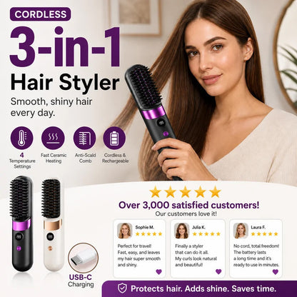 3‑in‑1 Cordless Hair Straightening Brush – Straighten, curl & detangle with 4 heat settings