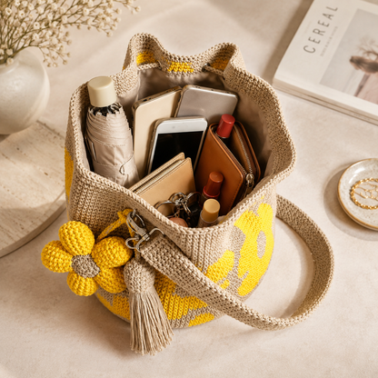 Handwoven Flower Bucket Bag, Boho Lightweight Crossbody Crochet Shoulder Bag👜
