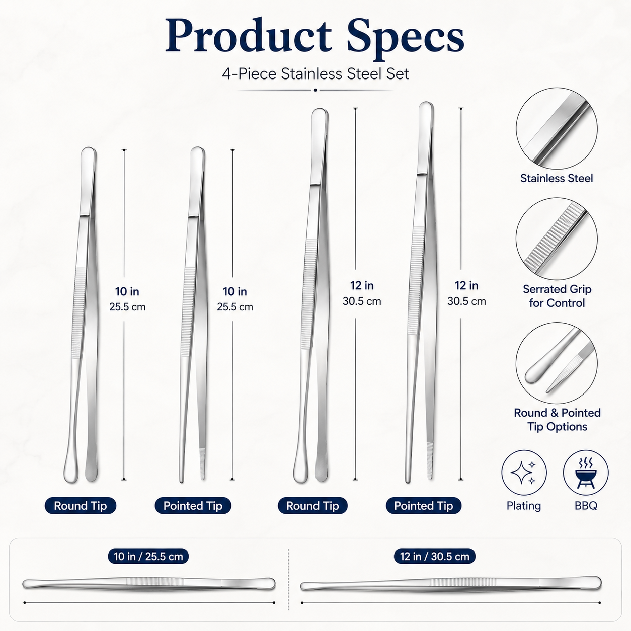 Fine Long Tweezer Tongs Professional Black Set,12'' and 10'' Stainless Steel