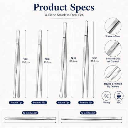 Fine Long Tweezer Tongs Professional Black Set,12'' and 10'' Stainless Steel