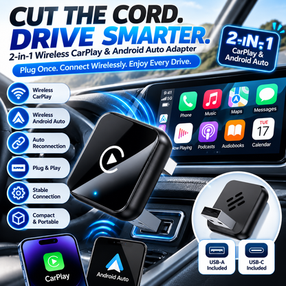 2-in-1 Wireless CarPlay & Android Auto Adapter – Plug & Play