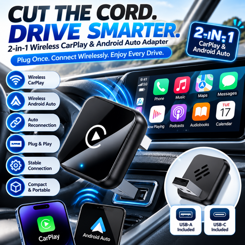 2-in-1 Wireless CarPlay & Android Auto Adapter – Plug & Play