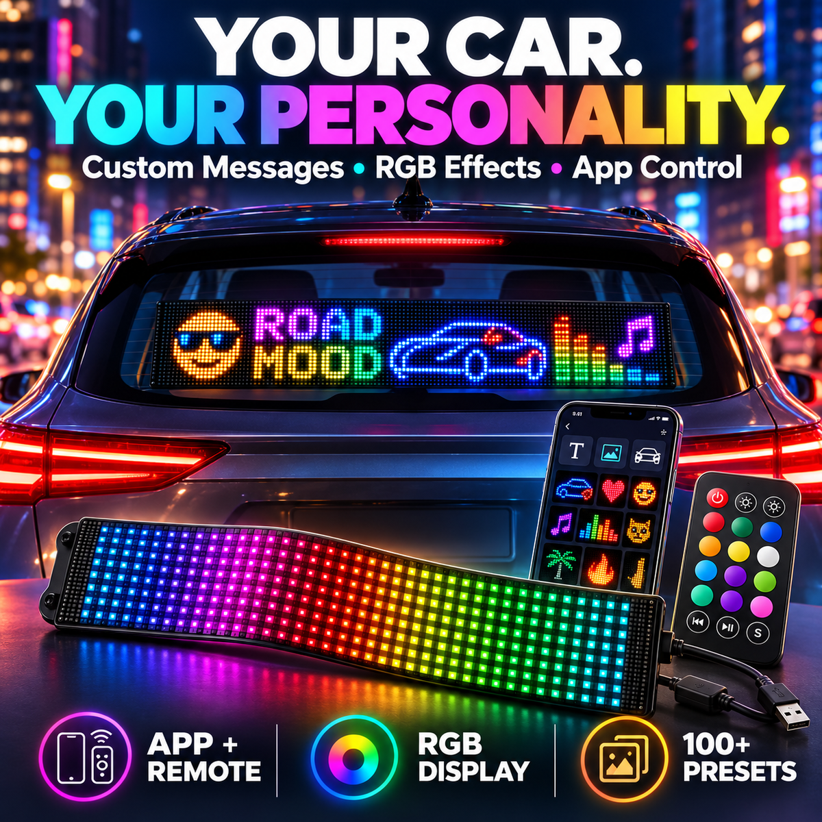🚗 RGB Pixel LED Car Window Display | Custom Messages, Emojis & Animations 🌈