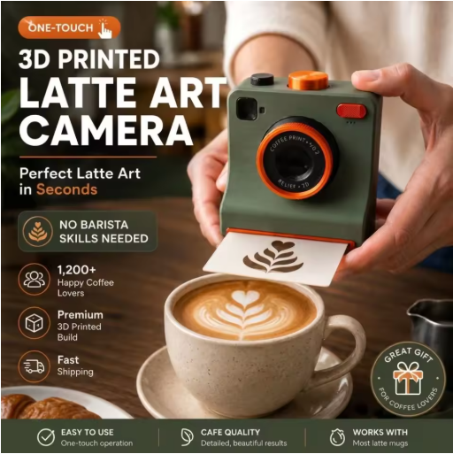 Camera shaped latte art stencil tool decorating a cup of coffee