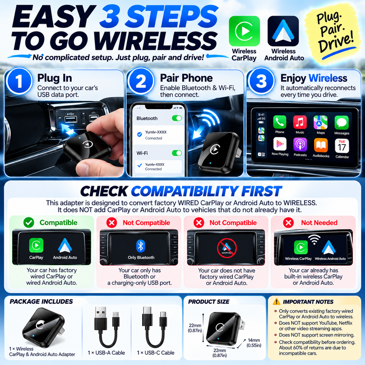 2-in-1 Wireless CarPlay & Android Auto Adapter – Plug & Play