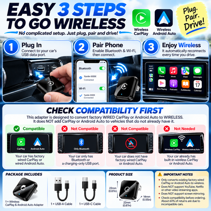 2-in-1 Wireless CarPlay & Android Auto Adapter – Plug & Play