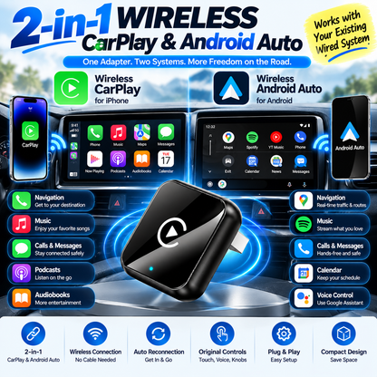 2-in-1 Wireless CarPlay & Android Auto Adapter – Plug & Play