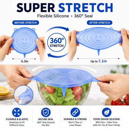 🥗 6-Pack Silicone Stretch Lids – Reusable, BPA-Free & Leak-Proof Covers for Bowls, Pots, Cups & Fruits