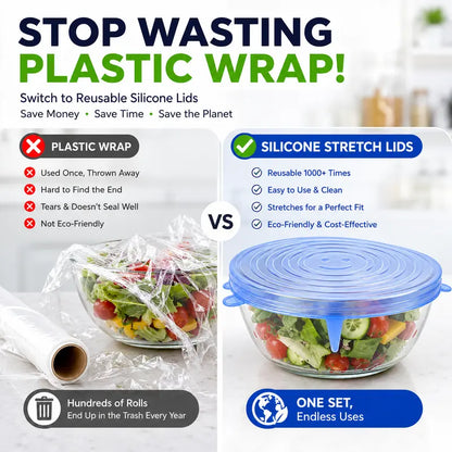 🥗 6-Pack Silicone Stretch Lids – Reusable, BPA-Free & Leak-Proof Covers for Bowls, Pots, Cups & Fruits