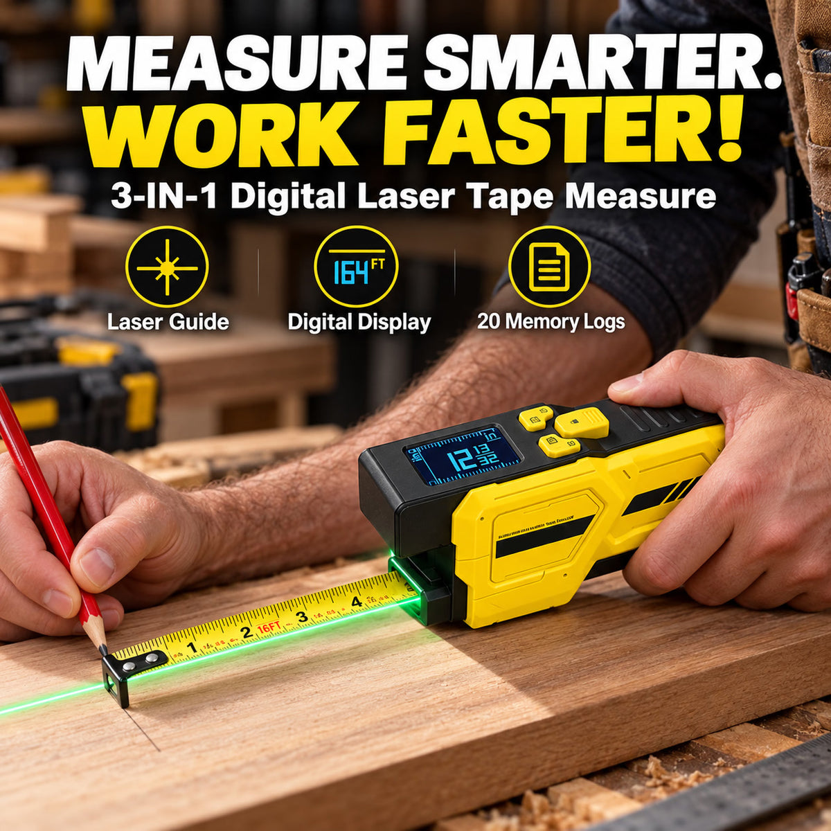 📏 3-in-1 Digital Laser Tape Measure – 16.4 FT Self-Locking Tape with LCD Display & USB-C Charging⚡