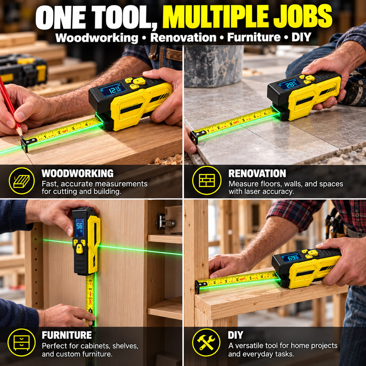 📏 3-in-1 Digital Laser Tape Measure – 16.4 FT Self-Locking Tape with LCD Display & USB-C Charging⚡