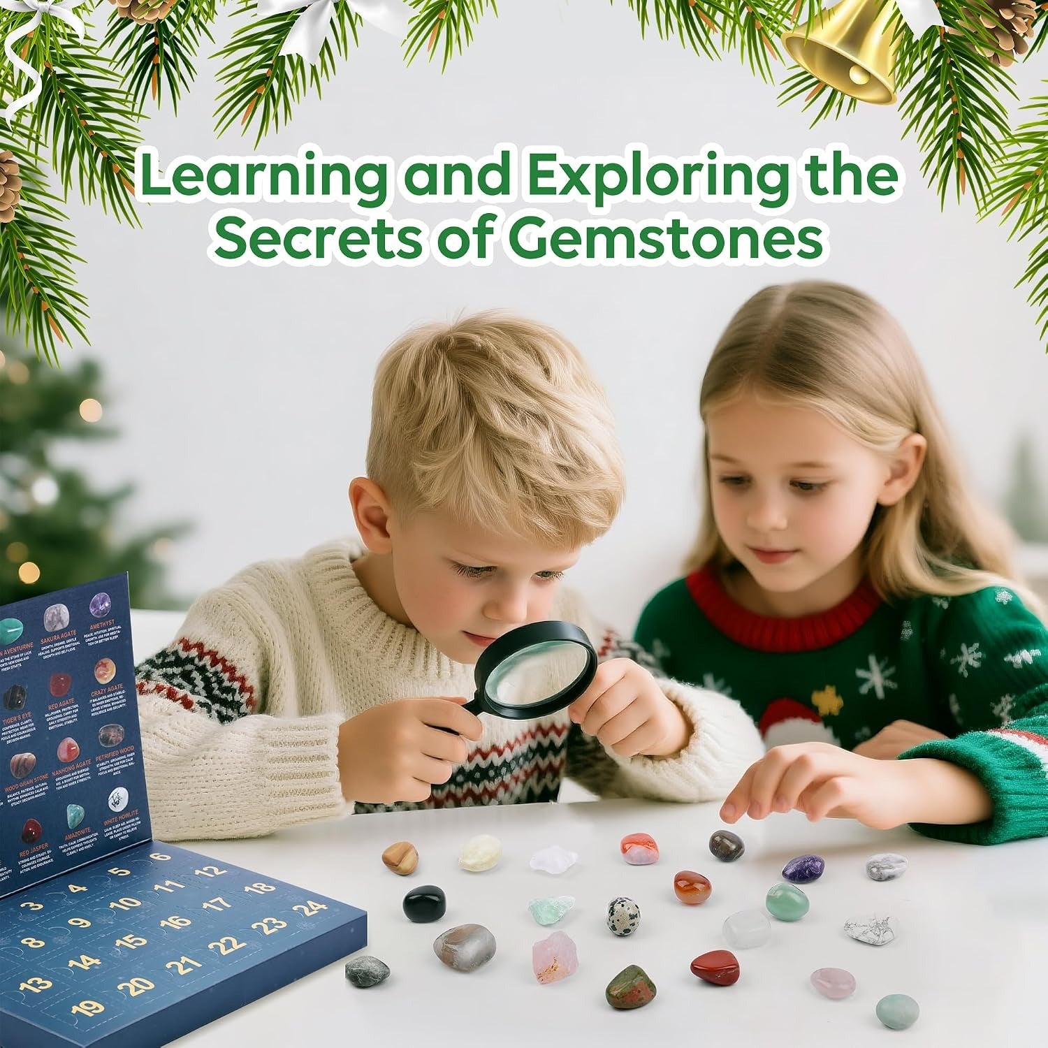 Crystal Advent Calendar 2026 for Kids – 24 Natural Gemstones & Mineral Rocks Christmas Countdown Gift