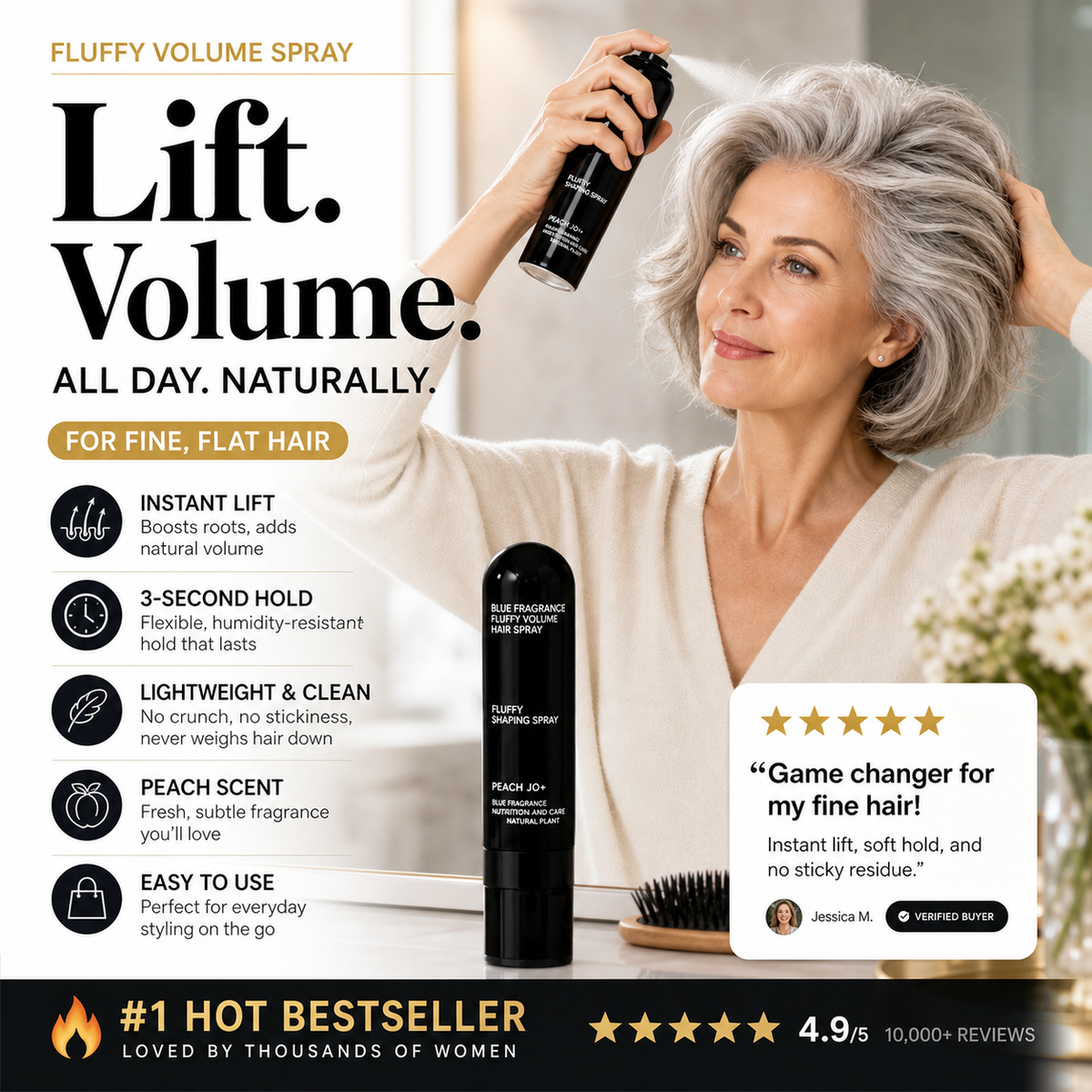 Fluffy Hair Shaping Spray, Long Lasting Peach Scent Volumizing Hair Mist for All-Day Hold