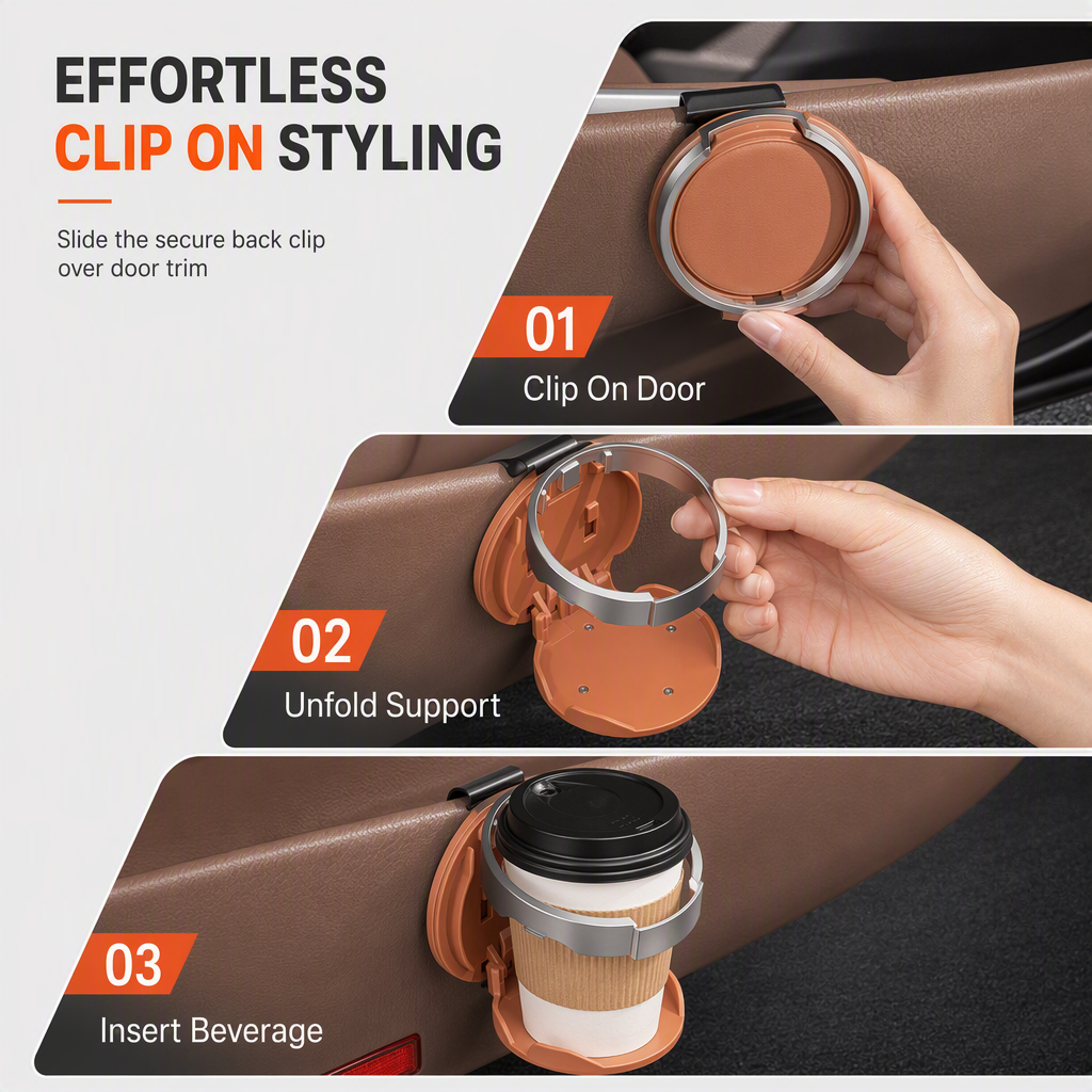 Foldable Car Door Cup Holder — Large Diameter, Premium Faux Leather, Clip-On🚗☕